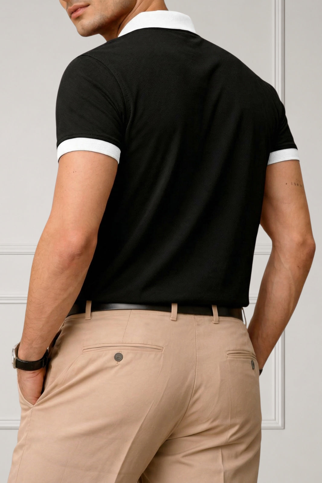 Contrast Collar Zip Polo Shirt — Black
