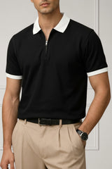 Contrast Collar Zip Polo Shirt — Black