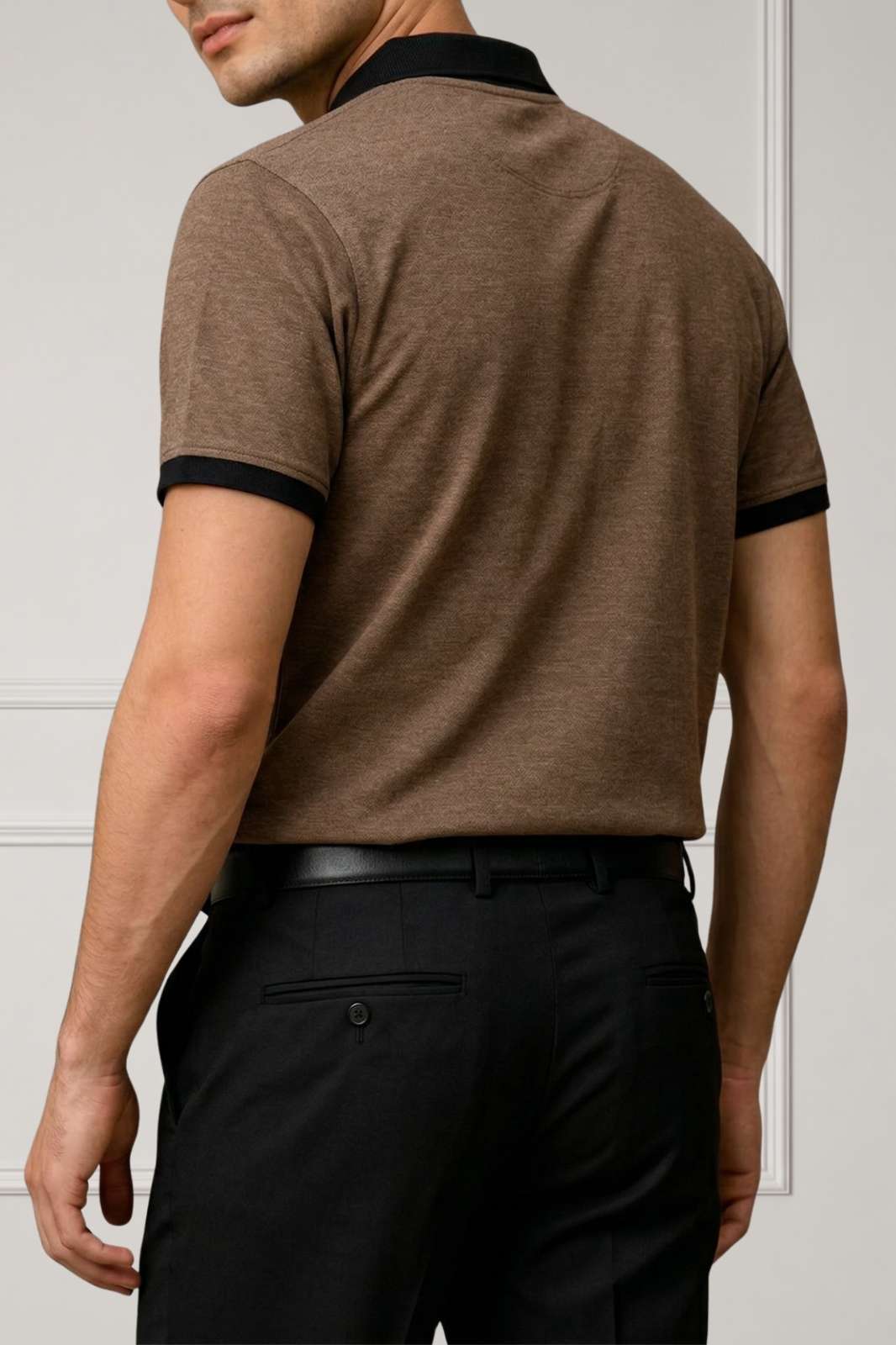 Contrast Collar Zip Polo Shirt — Brown