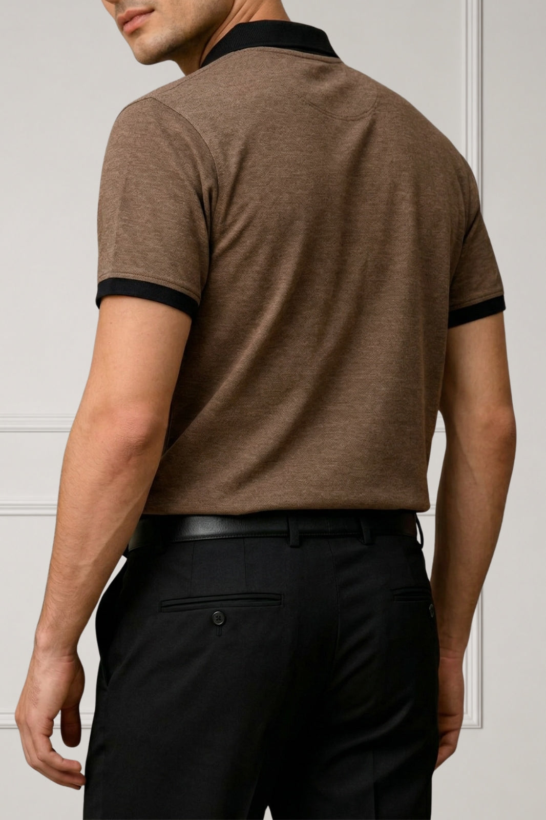 Contrast Collar Zip Polo Shirt — Brown