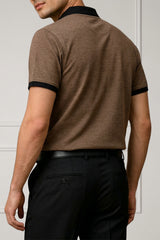 Contrast Collar Zip Polo Shirt — Brown
