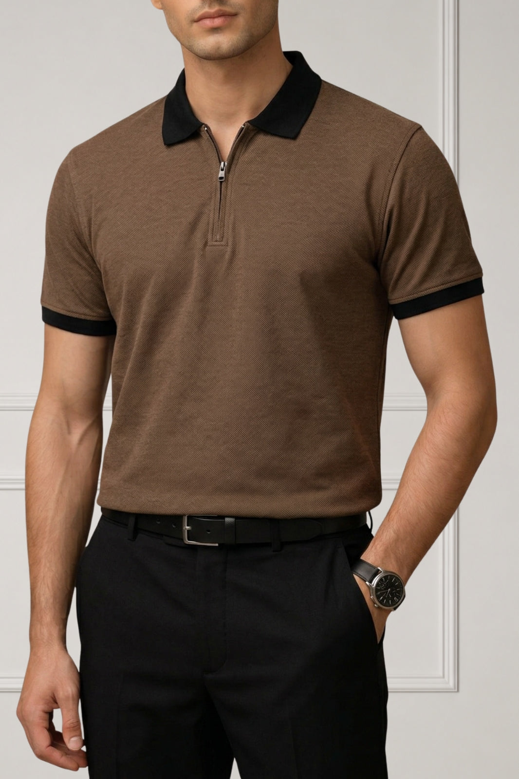 Contrast Collar Zip Polo Shirt — Brown