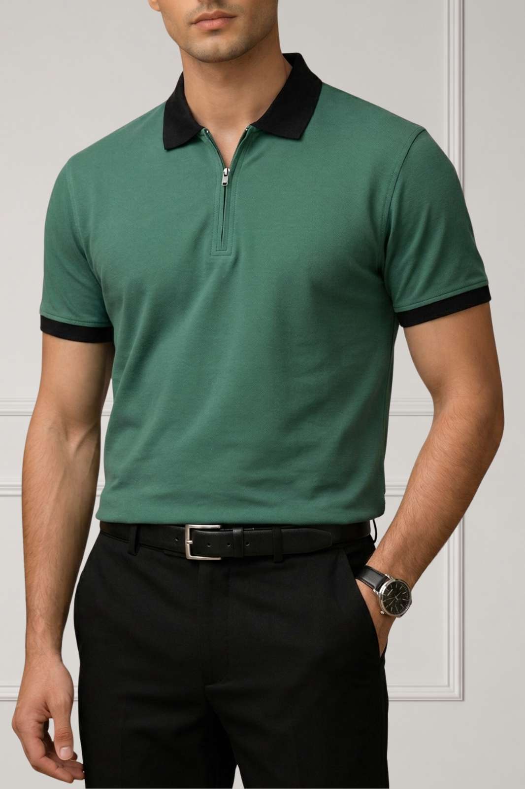 Contrast Collar Zip Polo Shirt — Dark Green