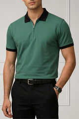 Contrast Collar Zip Polo Shirt — Dark Green