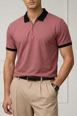 Contrast Collar Zip Polo Shirt — Dusty Pink