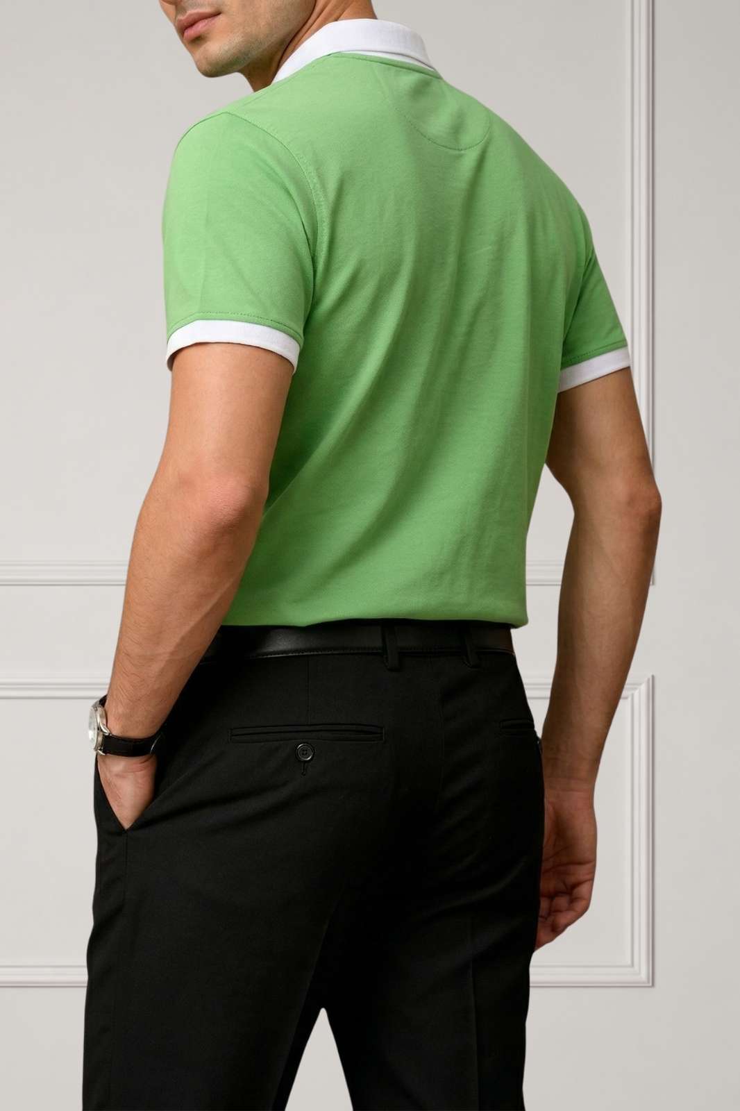 Contrast Collar Zip Polo Shirt — Green