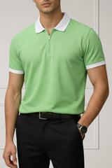 Contrast Collar Zip Polo Shirt — Green
