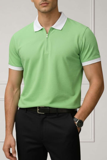 Contrast Collar Zip Polo Shirt — Green