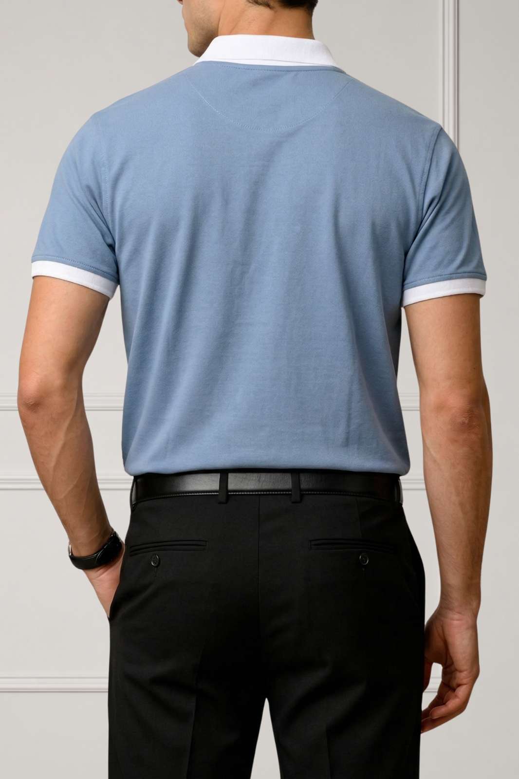 Contrast Collar Zip Polo Shirt — Sky Blue