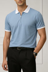 Contrast Collar Zip Polo Shirt — Sky Blue
